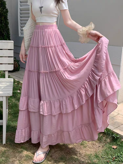 High Waist Flowy A-Line Maxi Skirt, White Tiered Ruffle Hem Skirt, Summer Chiffon Layered Pleated Skirt