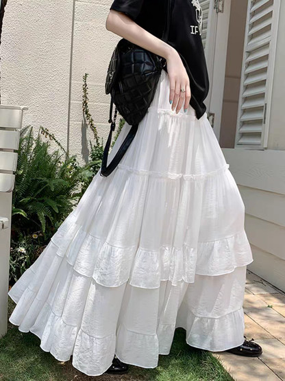 High Waist Flowy A-Line Maxi Skirt, White Tiered Ruffle Hem Skirt, Summer Chiffon Layered Pleated Skirt