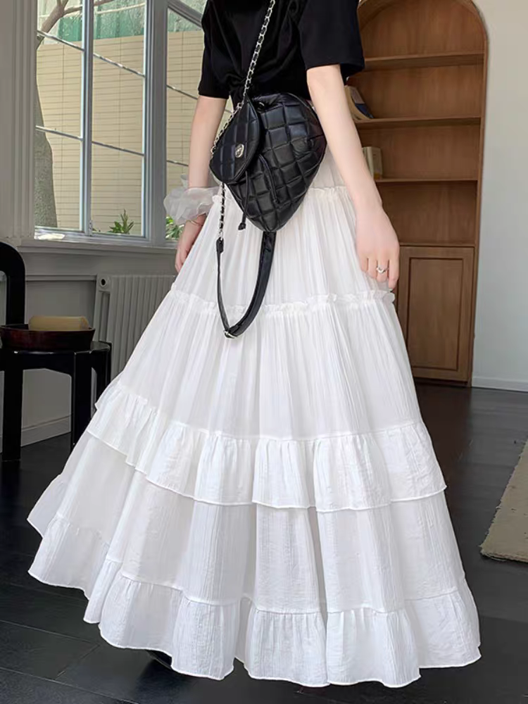 High Waist Flowy A-Line Maxi Skirt, White Tiered Ruffle Hem Skirt, Summer Chiffon Layered Pleated Skirt