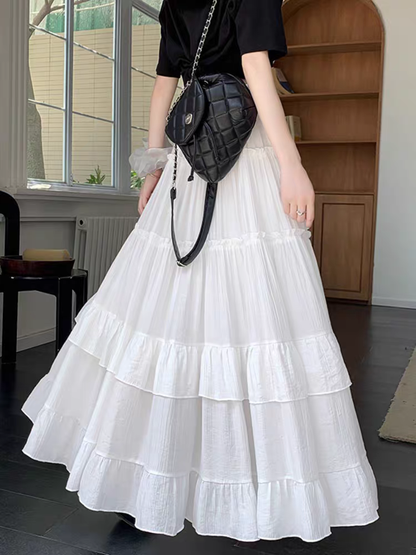 High Waist Flowy A-Line Maxi Skirt, White Tiered Ruffle Hem Skirt, Summer Chiffon Layered Pleated Skirt