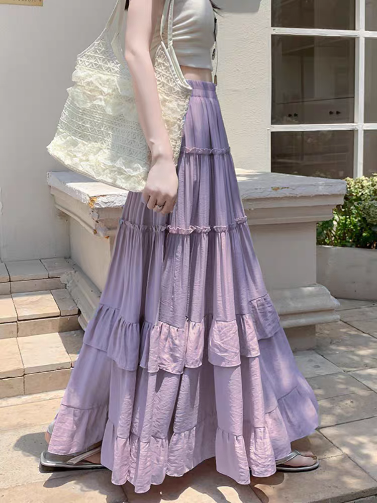 High Waist Flowy A-Line Maxi Skirt, White Tiered Ruffle Hem Skirt, Summer Chiffon Layered Pleated Skirt