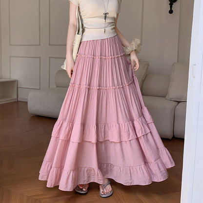 High Waist Flowy A-Line Maxi Skirt, White Tiered Ruffle Hem Skirt, Summer Chiffon Layered Pleated Skirt