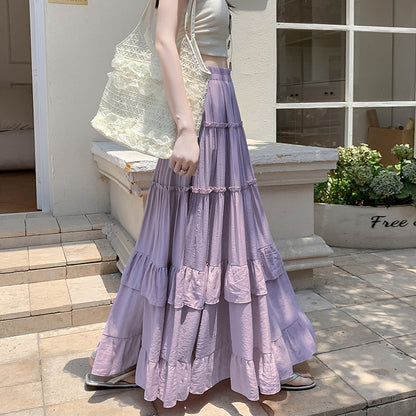 High Waist Flowy A-Line Maxi Skirt, White Tiered Ruffle Hem Skirt, Summer Chiffon Layered Pleated Skirt