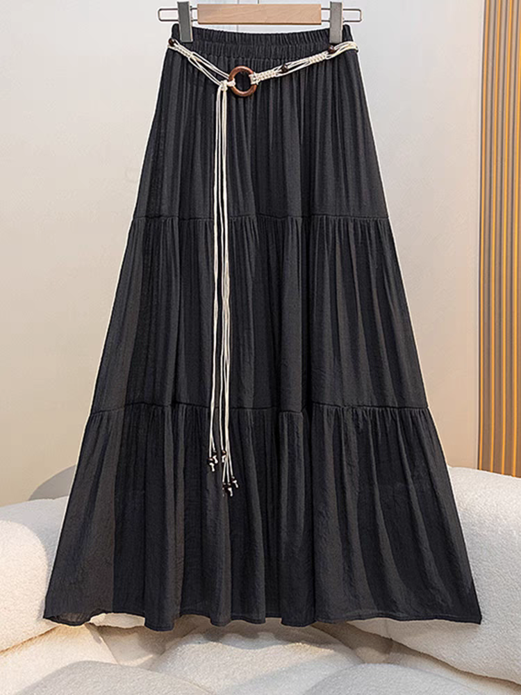 Boho Summer Cotton-Linen Midi Skirt, Flowy Pleated A-Line Long Skirt with Slimming Fit, Perfect for Vacation