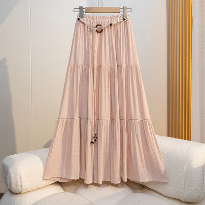 Boho Summer Cotton-Linen Midi Skirt, Flowy Pleated A-Line Long Skirt with Slimming Fit, Perfect for Vacation