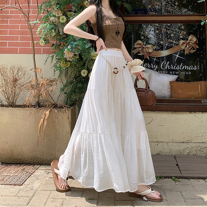 Boho Summer Cotton-Linen Midi Skirt, Flowy Pleated A-Line Long Skirt with Slimming Fit, Perfect for Vacation
