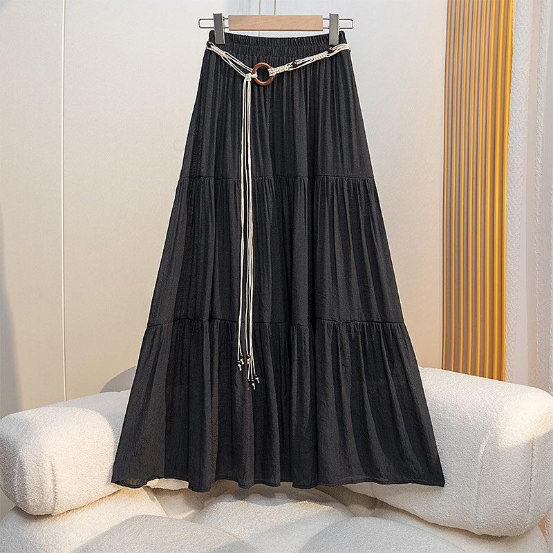 Boho Summer Cotton-Linen Midi Skirt, Flowy Pleated A-Line Long Skirt with Slimming Fit, Perfect for Vacation