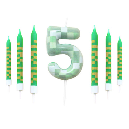 Green Candle Birthday Party Pixel Theme Birthday Party Video Game Party Decoration Cake Top Digital Candles for Kids