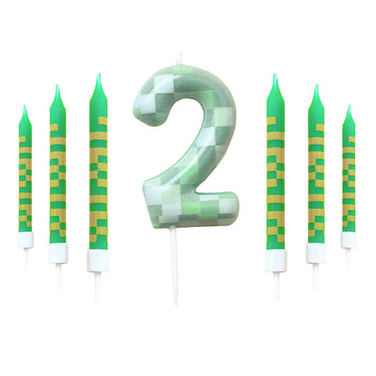 Green Candle Birthday Party Pixel Theme Birthday Party Video Game Party Decoration Cake Top Digital Candles for Kids