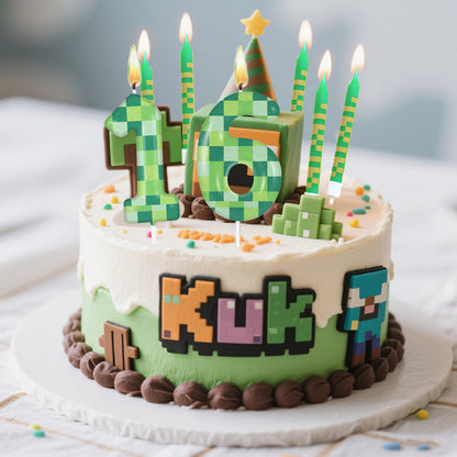 Green My World Candle Birthday Party Pixel Theme, Video Game Party Decoration, Cake Top Digital Candles for Cake