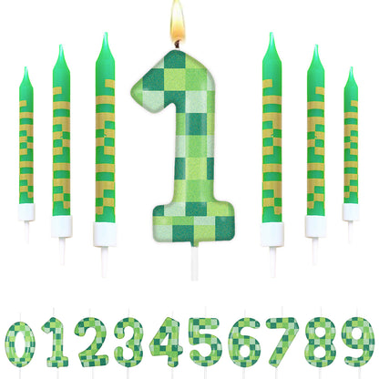Green My World Candle Birthday Party Pixel Theme, Video Game Party Decoration, Cake Top Digital Candles for Cake
