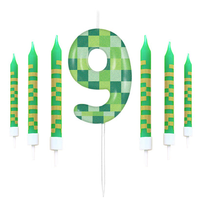 Green My World Candle Birthday Party Pixel Theme, Video Game Party Decoration, Cake Top Digital Candles for Cake
