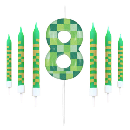 Green My World Candle Birthday Party Pixel Theme, Video Game Party Decoration, Cake Top Digital Candles for Cake