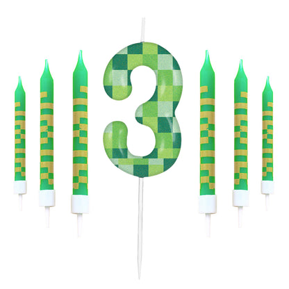 Green My World Candle Birthday Party Pixel Theme, Video Game Party Decoration, Cake Top Digital Candles for Cake