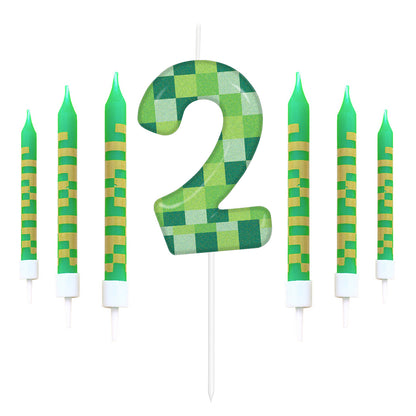 Green My World Candle Birthday Party Pixel Theme, Video Game Party Decoration, Cake Top Digital Candles for Cake