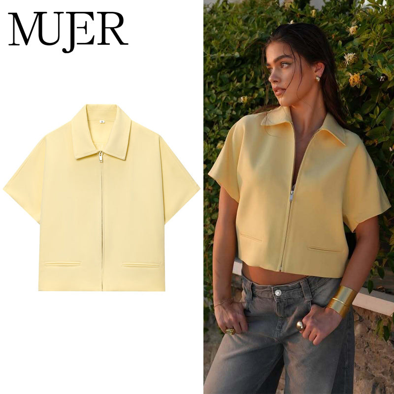 2025 Trendy Cropped Jacket for Women, Short Sleeve Varsity Jacket, Casual Zipper Outerwear, Holiday and Casual Womens