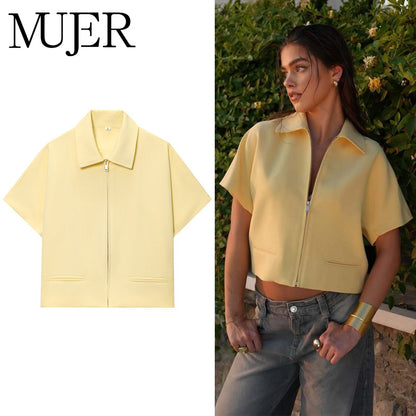 2025 Trendy Cropped Jacket for Women, Short Sleeve Varsity Jacket, Casual Zipper Outerwear, Holiday and Casual Womens