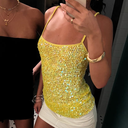 Sparkly Sequin Crop Top, Women Summer Beach Cover Up, Glitter Knitted Camisole for Festival, Boho Y2K Top