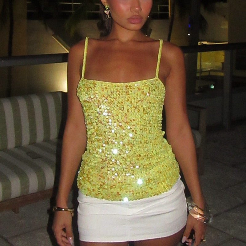 Sparkly Sequin Crop Top, Women Summer Beach Cover Up, Glitter Knitted Camisole for Festival, Boho Y2K Top