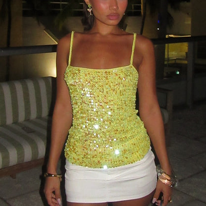 Sparkly Sequin Crop Top, Women Summer Beach Cover Up, Glitter Knitted Camisole for Festival, Boho Y2K Top