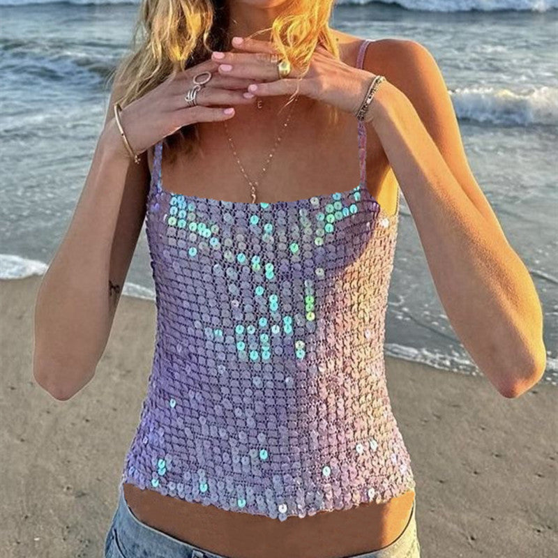 Sparkly Sequin Crop Top, Women Summer Beach Cover Up, Glitter Knitted Camisole for Festival, Boho Y2K Top