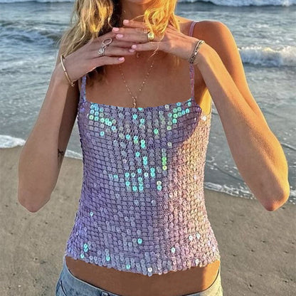Sparkly Sequin Crop Top, Women Summer Beach Cover Up, Glitter Knitted Camisole for Festival, Boho Y2K Top