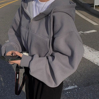 Women's Y2K Streetwear Hoodie, Autumn Winter Zip Up Crop Top, Harajuku Casual Jackets, Long Sleeve Hooded Sweatshirt