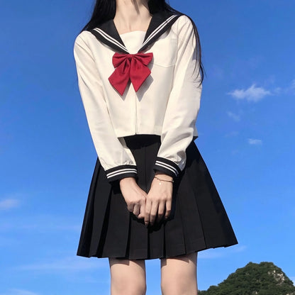 School Uniform for Women, JK Sailor Suit Costume, Long Sleeve White Shirt Black Skirt Set