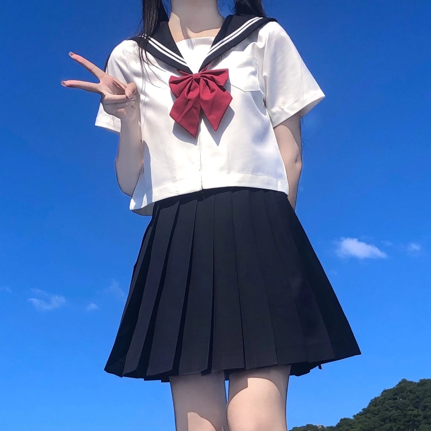School Uniform for Women, JK Sailor Suit Costume, Long Sleeve White Shirt Black Skirt Set