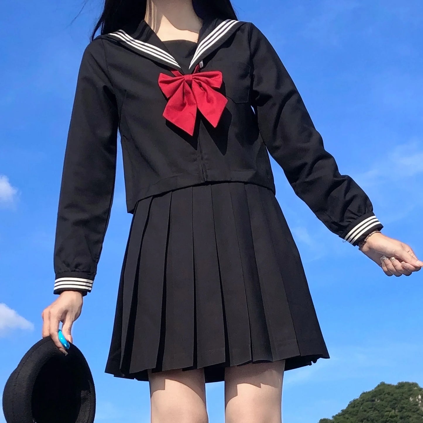 School Uniform for Women, JK Sailor Suit Costume, Long Sleeve White Shirt Black Skirt Set