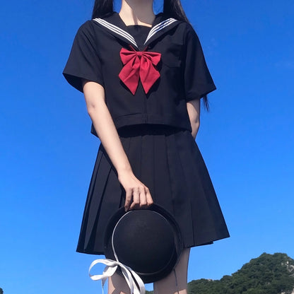 School Uniform for Women, JK Sailor Suit Costume, Long Sleeve White Shirt Black Skirt Set