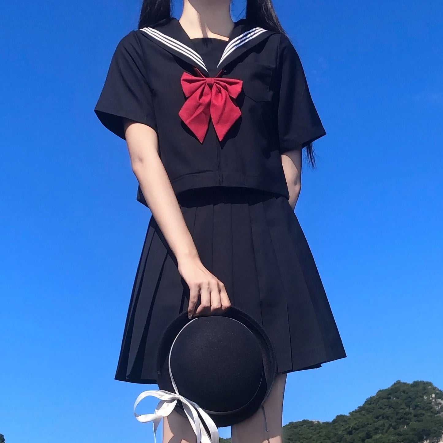 School Uniform for Women, JK Sailor Suit Costume, Long Sleeve White Shirt Black Skirt Set