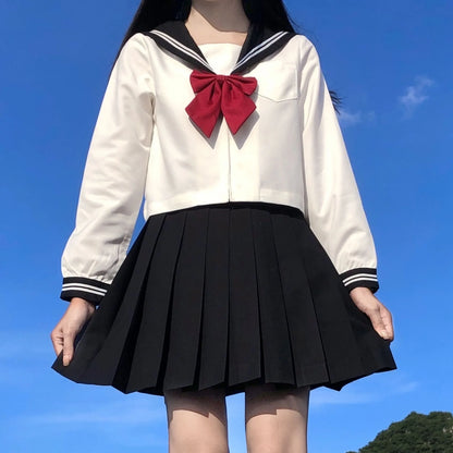 School Uniform for Women, JK Sailor Suit Costume, Long Sleeve White Shirt Black Skirt Set