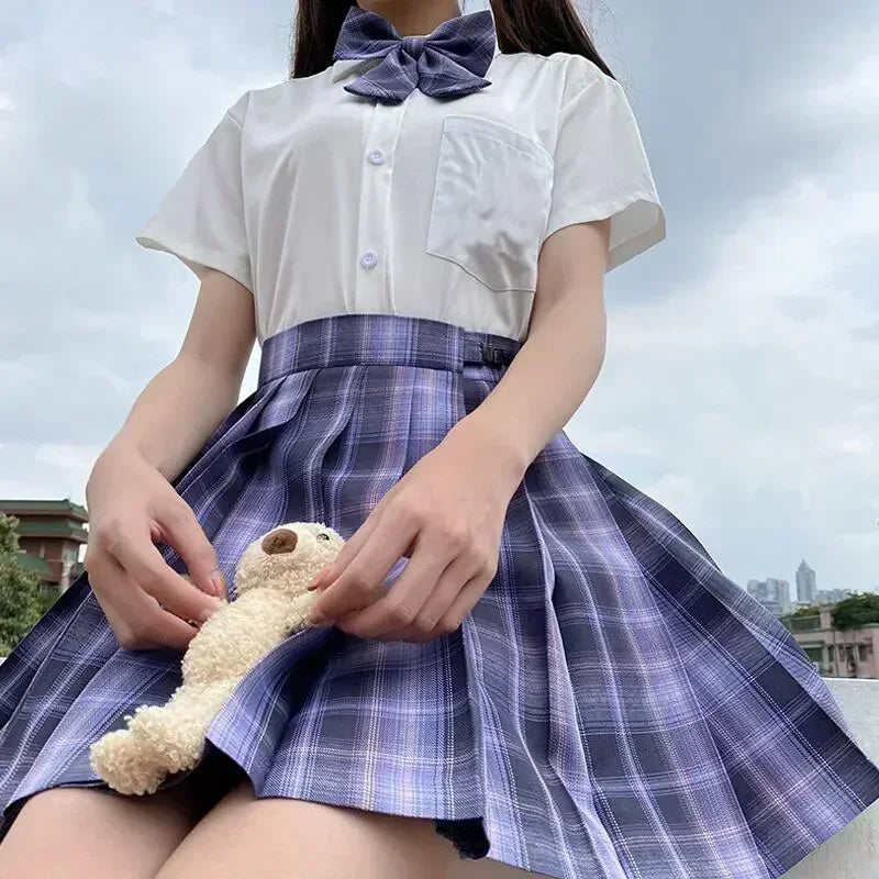 JK Seifuku Sailor Uniform Set, School Uniform with Pleated Skirt and Blouse, Korean Student Fashion, Pink Plaid