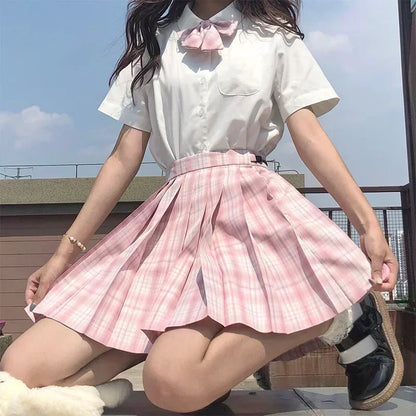 JK Seifuku Sailor Uniform Set, School Uniform with Pleated Skirt and Blouse, Korean Student Fashion, Pink Plaid