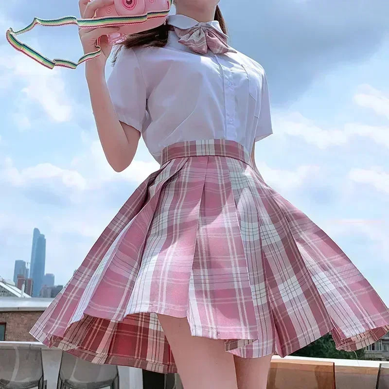 JK Seifuku Sailor Uniform Set, School Uniform with Pleated Skirt and Blouse, Korean Student Fashion, Pink Plaid