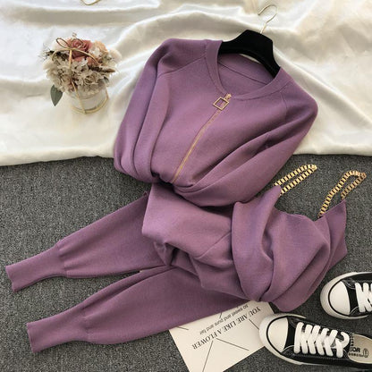 Women Zipper Knitted Cardigans Sweaters, Pants Sets, Vest, Stylish Fashion Jumpers Trousers Outfit for Autumn Winter