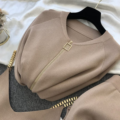 Women Zipper Knitted Cardigans Sweaters, Pants Sets, Vest, Stylish Fashion Jumpers Trousers Outfit for Autumn Winter