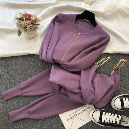 Women Zipper Knitted Cardigans Sweaters, Pants Sets, Vest, Stylish Fashion Jumpers Trousers Outfit for Autumn Winter