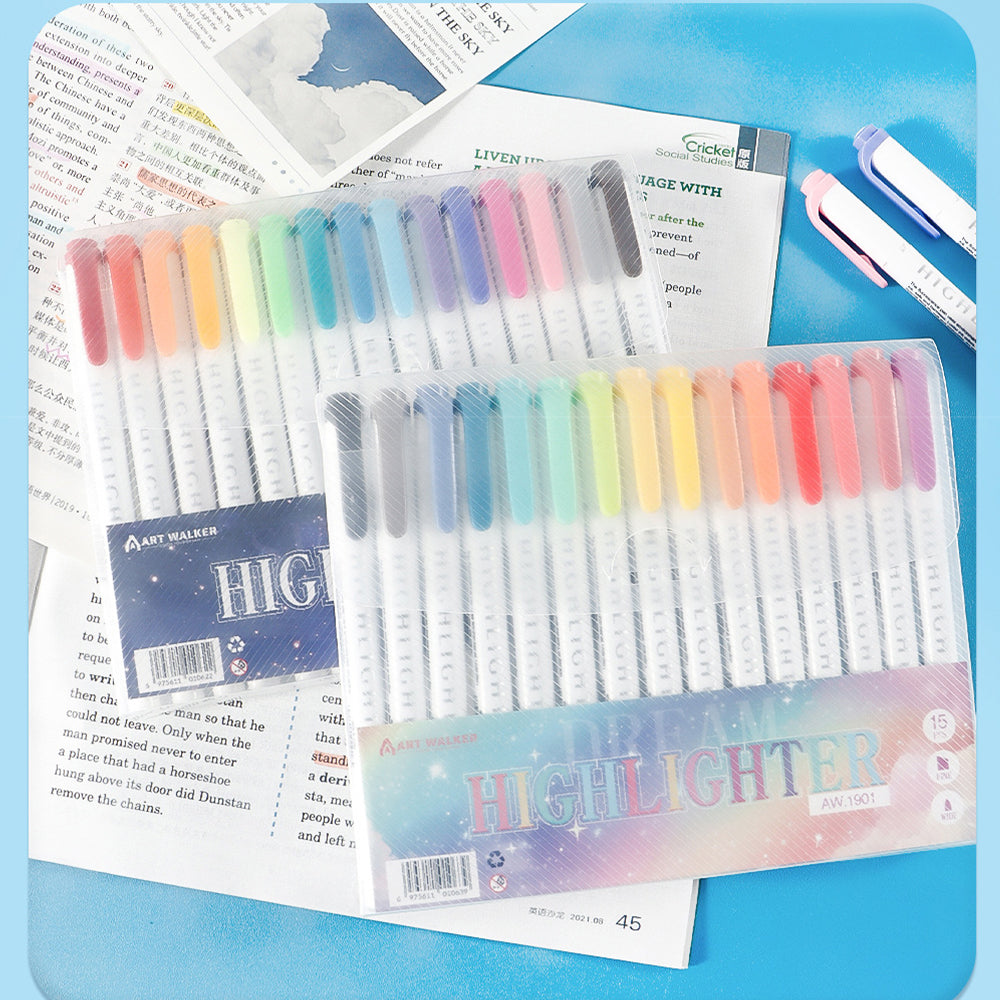 15 Color Double Ended Highlighter Set, Pastel & Fluo Drawing Pens, Dual Tip Highlighters for Journaling, Art, School