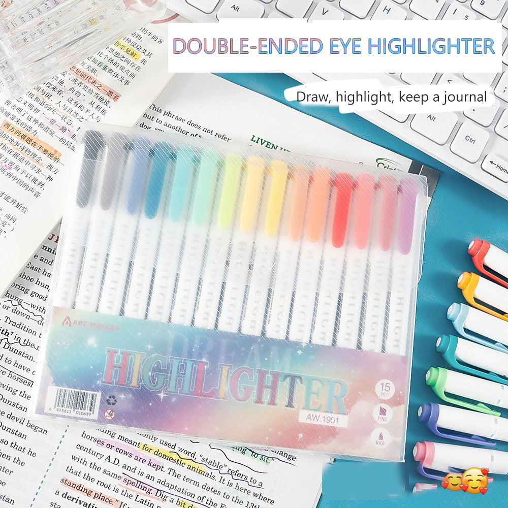 15 Color Double Ended Highlighter Set, Pastel & Fluo Drawing Pens, Dual Tip Highlighters for Journaling, Art, School