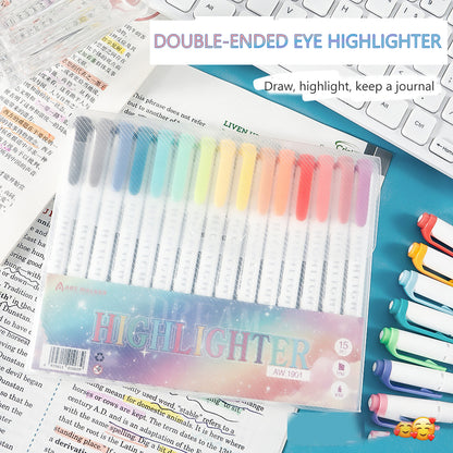 15 Color Double Ended Highlighter Set, Pastel & Fluo Drawing Pens, Dual Tip Highlighters for Journaling, Art, School