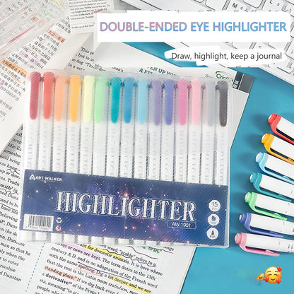 15 Color Double Ended Highlighter Set, Pastel & Fluo Drawing Pens, Dual Tip Highlighters for Journaling, Art, School