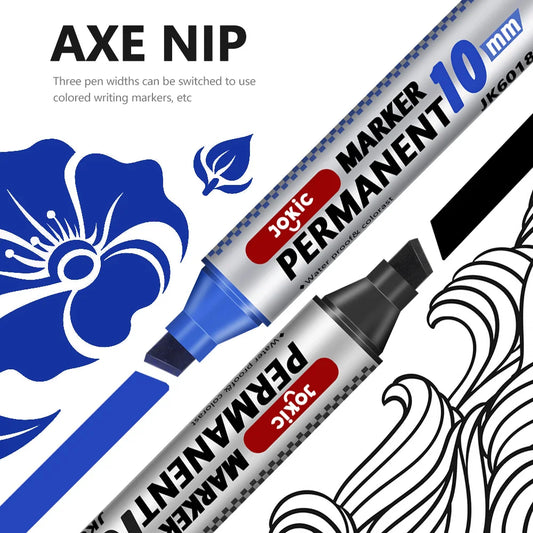 4 Color Permanent Marker Pens Set, Waterproof Ink, Fine and Broad 10mm Nib, Black Blue Red Green