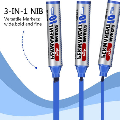 4 Color Permanent Marker Pens Set, Waterproof Ink, Fine and Broad 10mm Nib, Black Blue Red Green