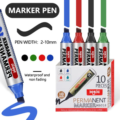 4 Color Permanent Marker Pens Set, Waterproof Ink, Fine and Broad 10mm Nib, Black Blue Red Green