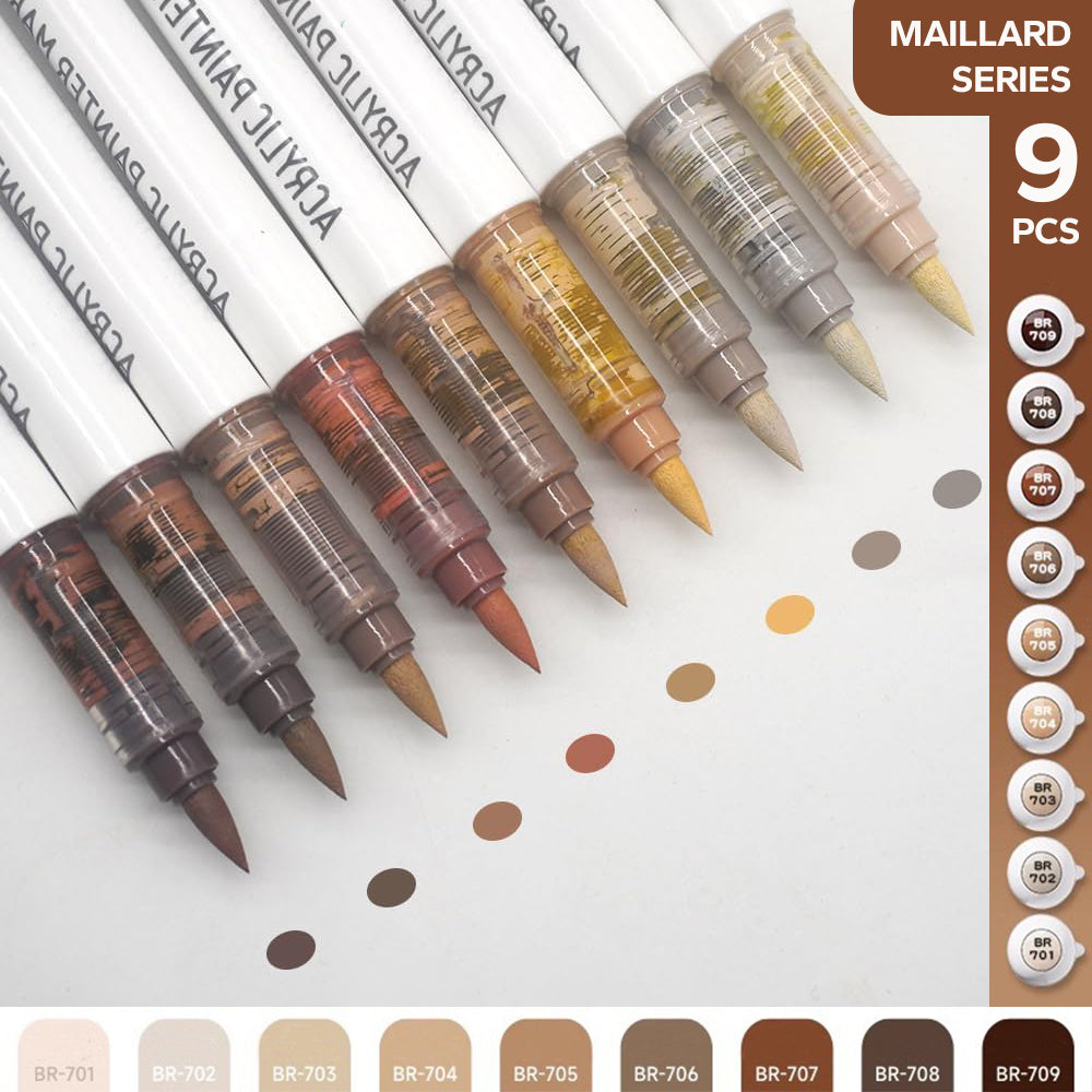 Pro Art Markers, 9pcs Set Acrylic Brush Markers for Painting, Drawing, Sketching with Premium Ink Control