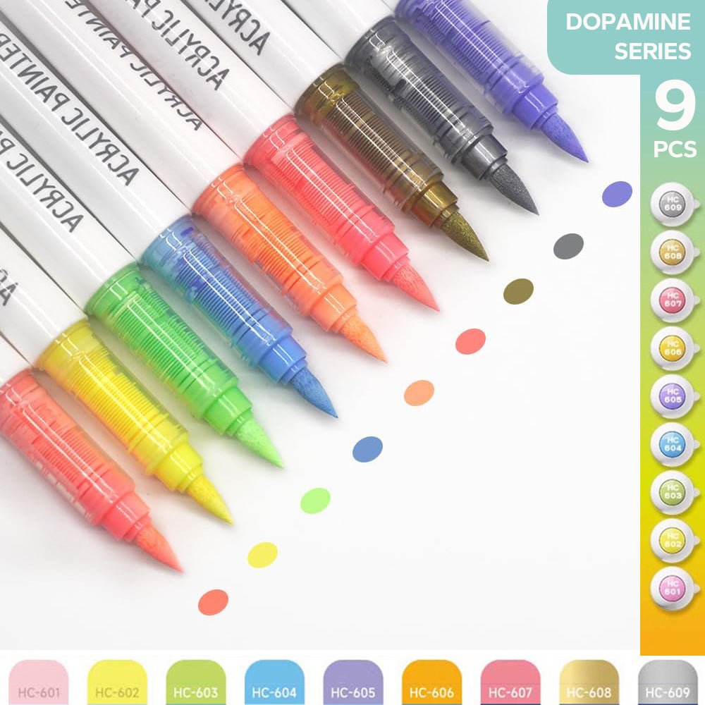 Pro Art Markers, 9pcs Set Acrylic Brush Markers for Painting, Drawing, Sketching with Premium Ink Control