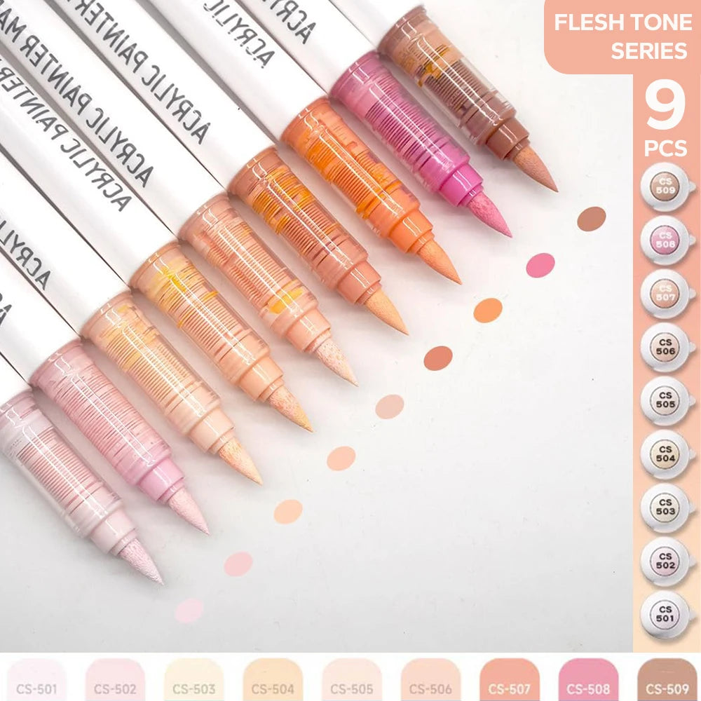 Pro Art Markers, 9pcs Set Acrylic Brush Markers for Painting, Drawing, Sketching with Premium Ink Control