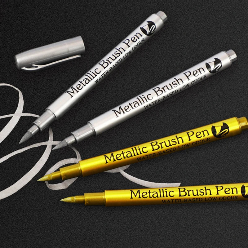 Metallic Marker Pens, Gold and Silver Permanent Art Markers, Brush Tip for Manga, Crafts, Scrapbooking, School Stationer